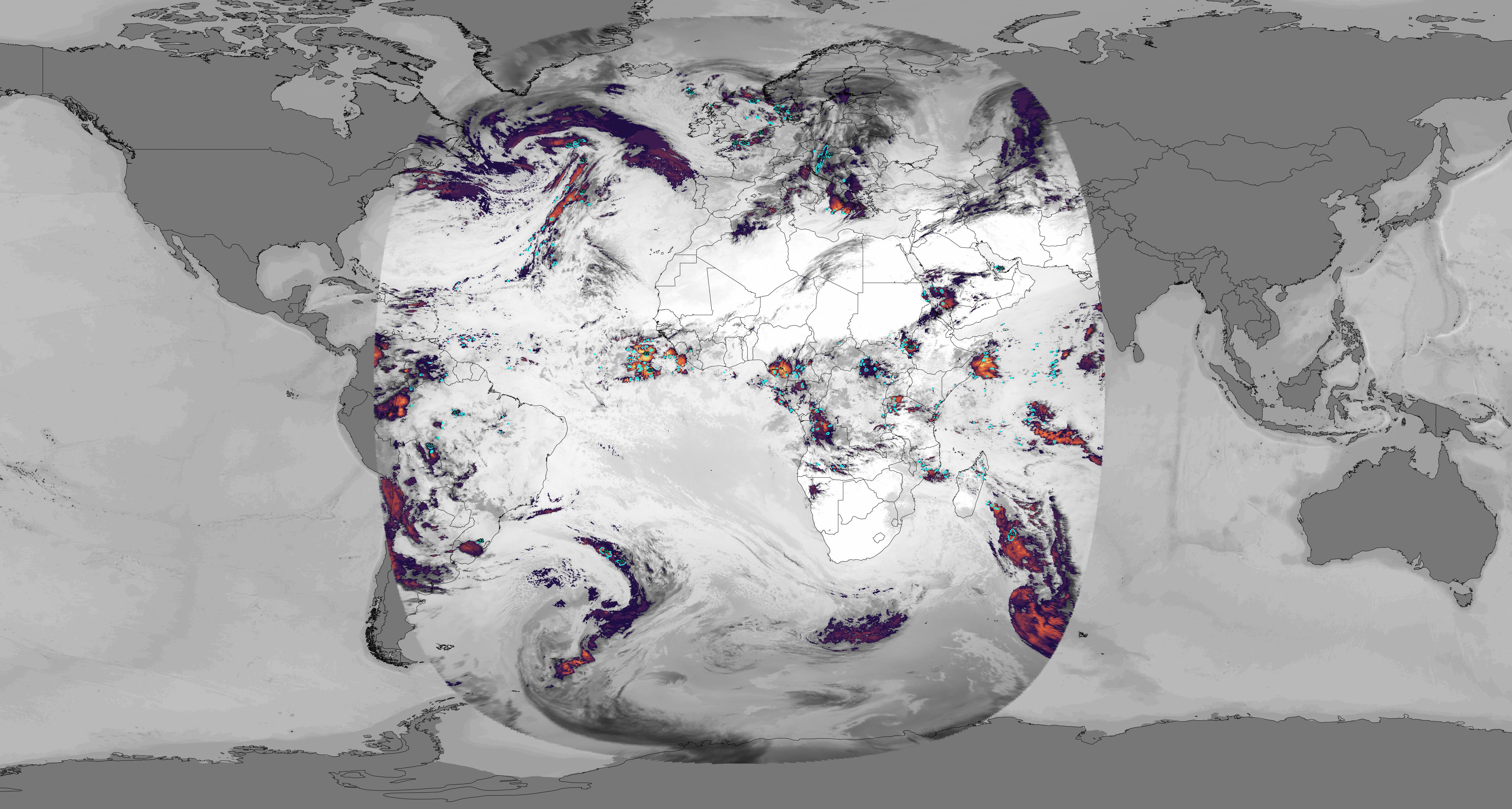 EUMETSAT view of thunderstorms developing.